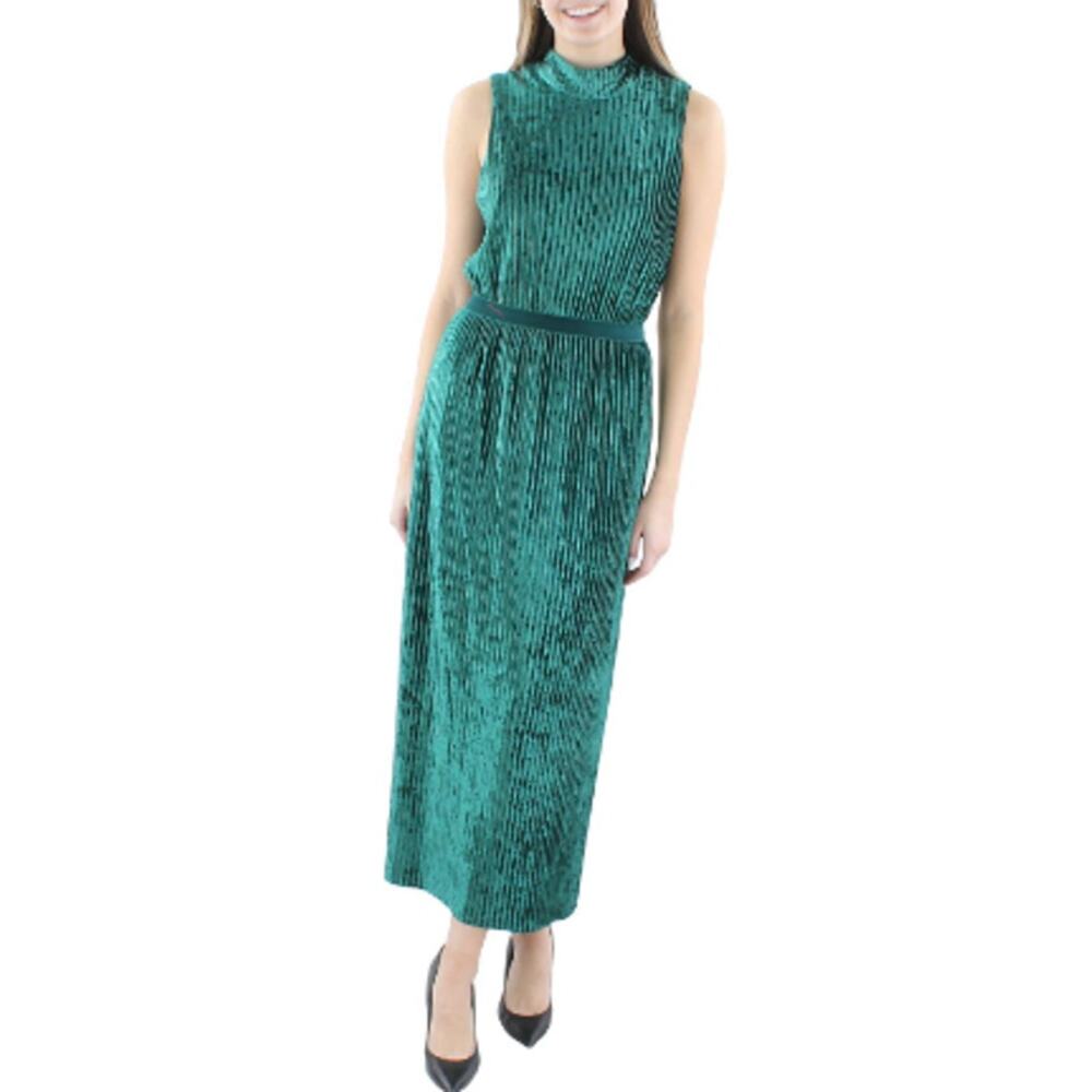 Emma & Michele DRESS Women's Large Midi Long Crushed Green Velvet Mock Neck NEW